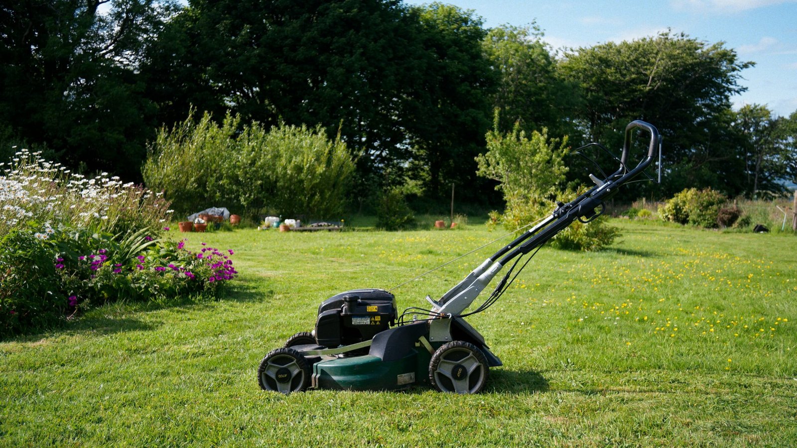 Lawn mower positioned in the centre of the image.